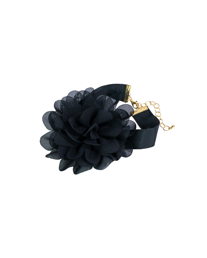 Sydney's Black Chiffon Flower Choker displayed on white background – Dauplaise Jewelry