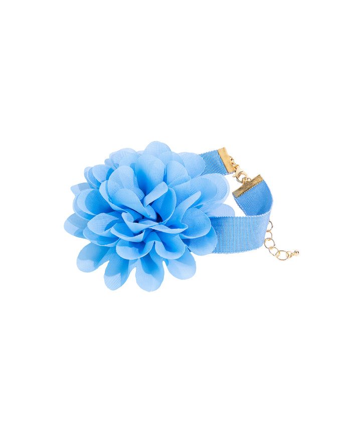 Sydney's Soft Blue Chiffon Flower Choker displayed on white background – Dauplaise Jewelry