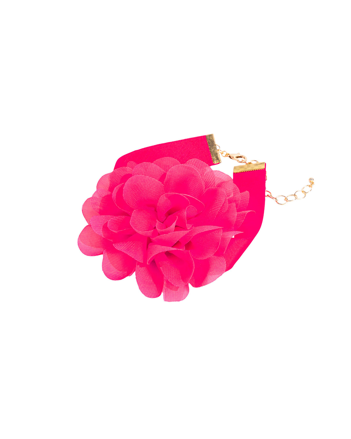 Sydney's Bright Pink Chiffon Flower Choker displayed on white background – Dauplaise Jewelry