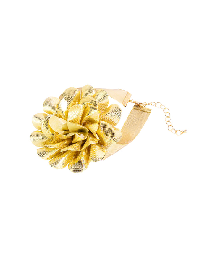 Sydney's Metallic Gold Chiffon Flower Choker displayed on white background – Dauplaise Jewelry