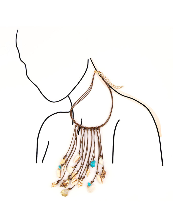 Necklace with multiple shell pendants on a white background