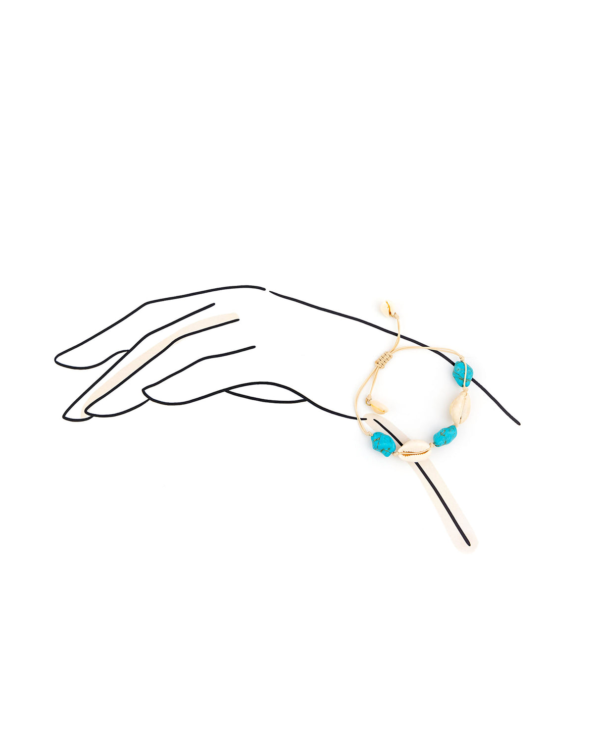 Bracelet with blue beads on a hand outline against a white background