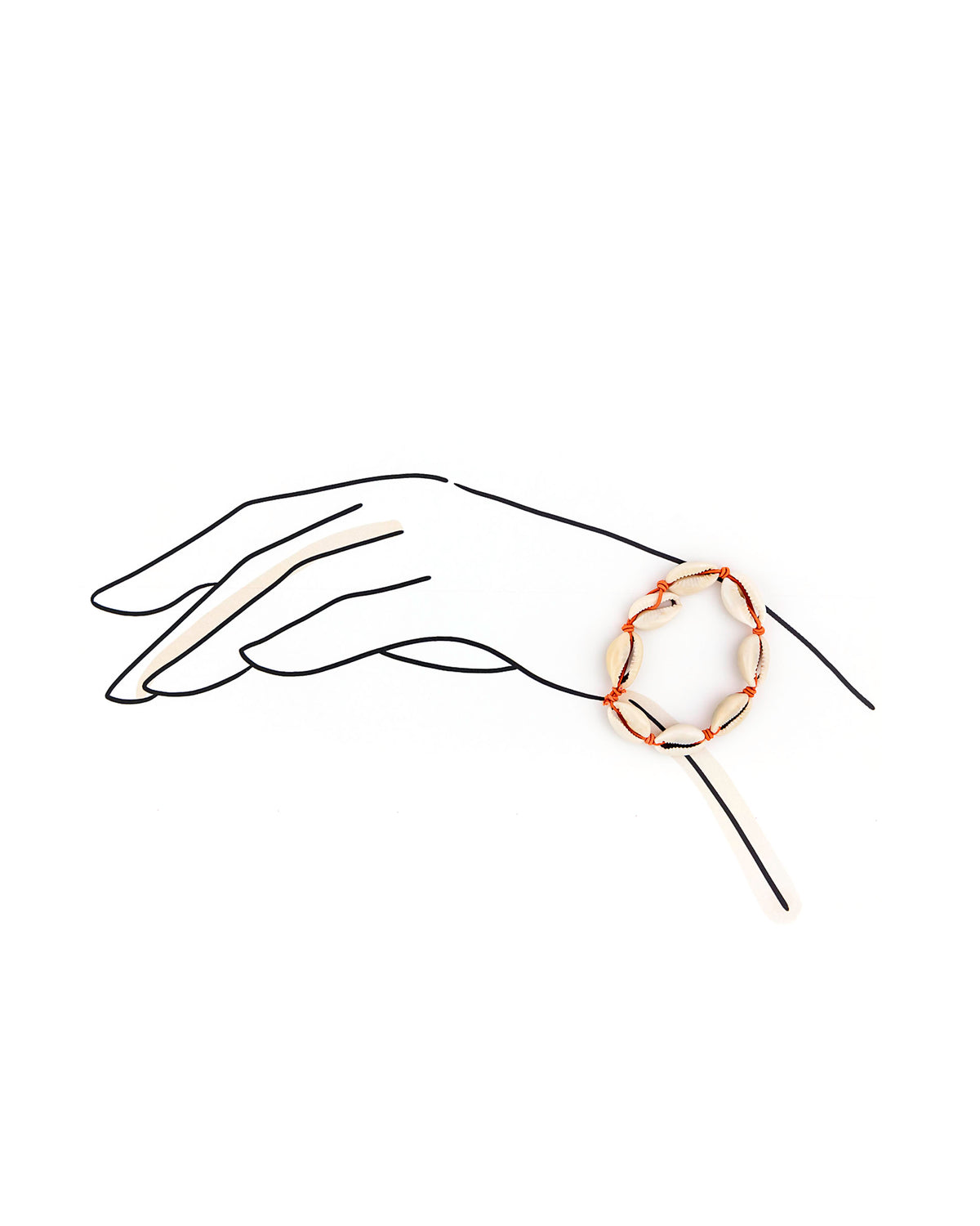 Simplified line drawing of a hand wearing a shell bracelet on a white background