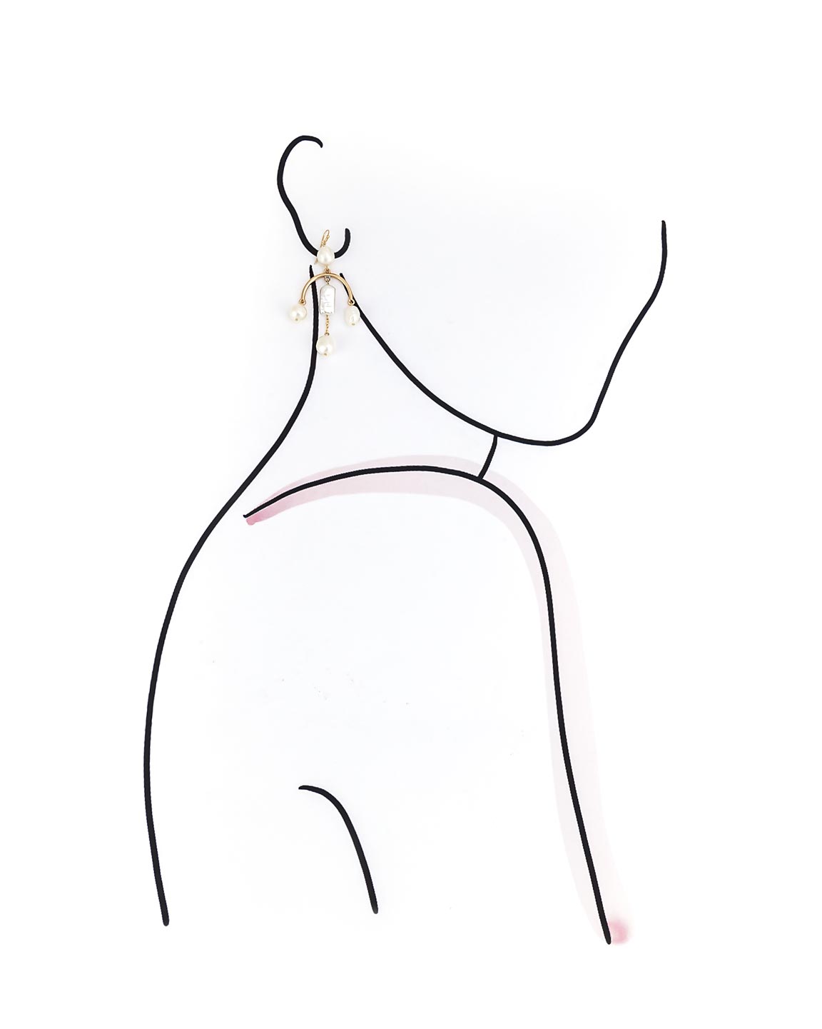 Gold and pearl earrings on a model outline with a white background