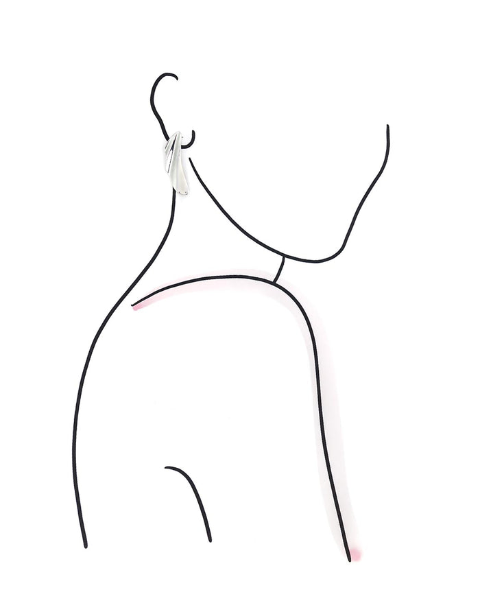 Simplified line drawing of a person wearing silver drop earrings