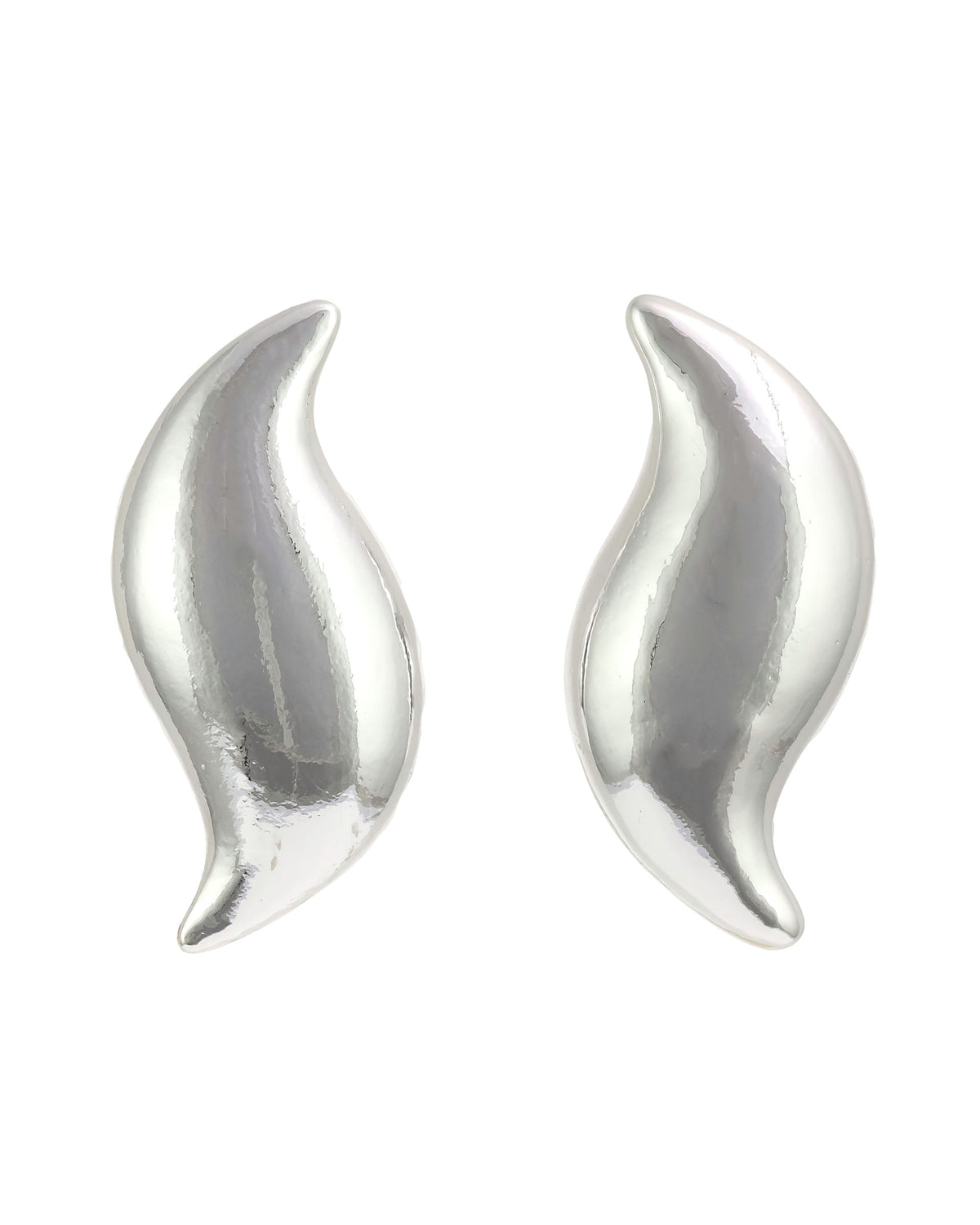 Silver curved earrings on a white background