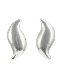 Silver curved earrings on a white background