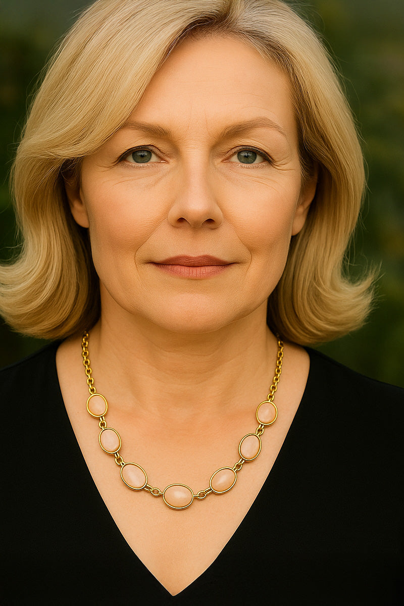 Woman wearing a gold necklace with a blurred green background