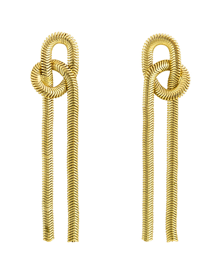 Golden-Tone Knot Earrings displayed on white background – Dauplaise Jewelry