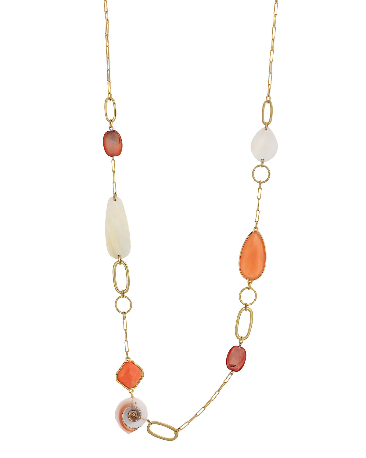 Coral Cascade Multi-Linked Necklace displayed on white background – Dauplaise Jewelry