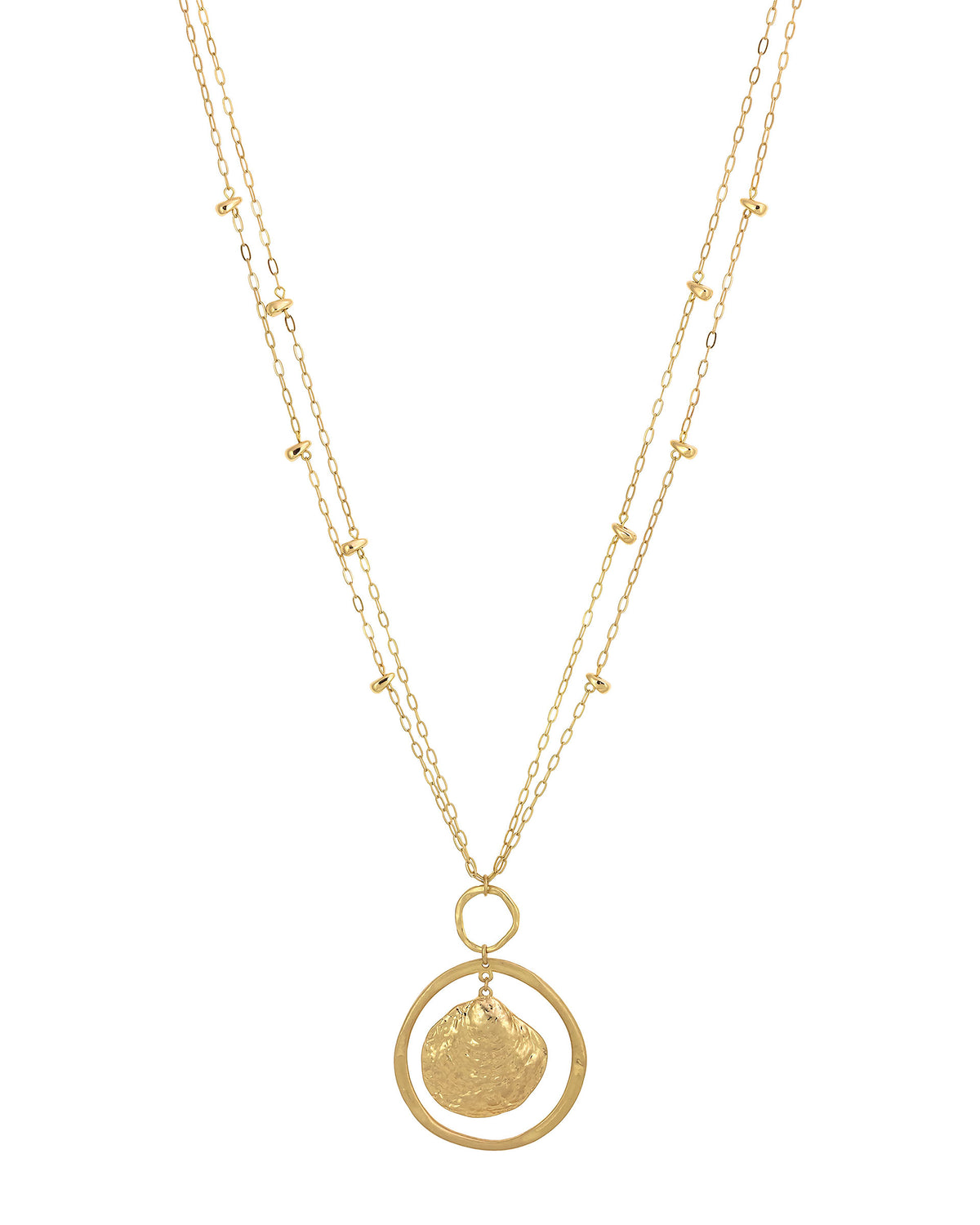 Golden Serenity Orbital Shell Necklace displayed on white background – Dauplaise Jewelry