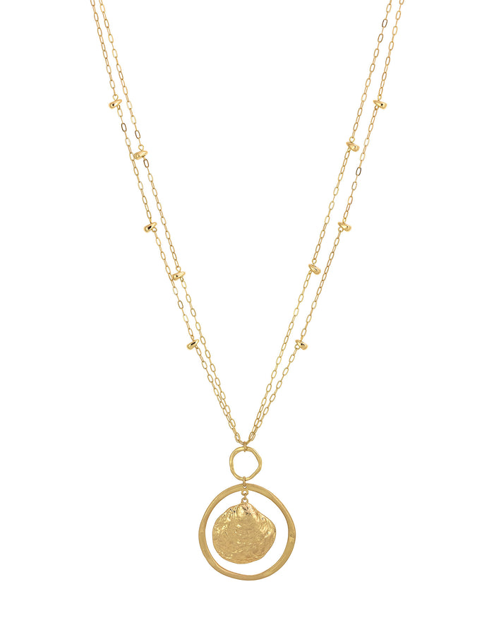 Golden Serenity Orbital Shell Necklace displayed on white background – Dauplaise Jewelry
