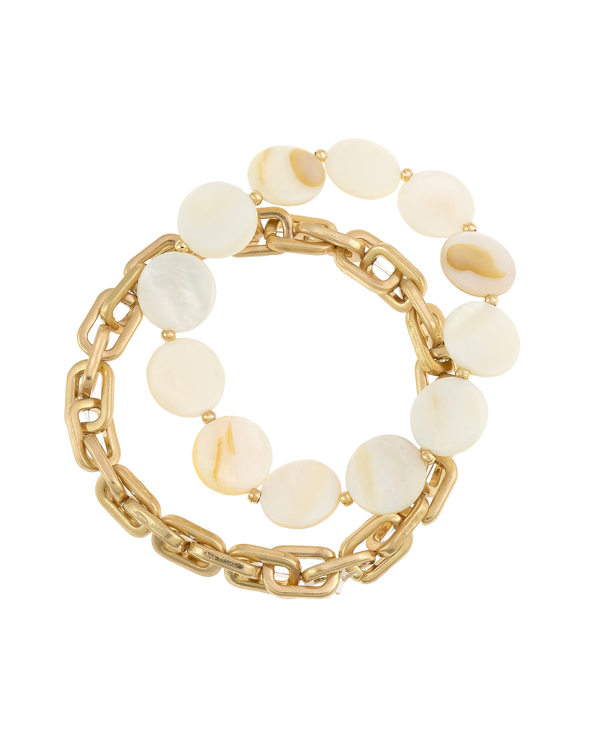 Luxe Harmony White & Gold Stretch Bracelet displayed on white background – Dauplaise Jewelry