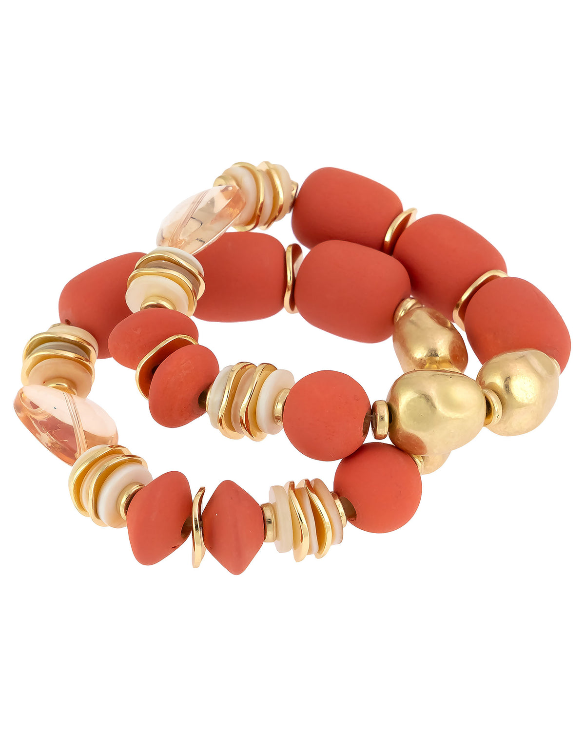 Coral Radiance Nugget Stretch Bracelet displayed on white background – Dauplaise Jewelry