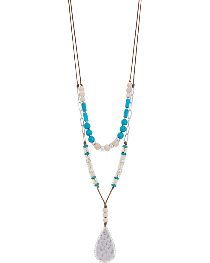 Boho Turquoise Teardrop Harmony Necklace displayed on white background – Dauplaise Jewelry