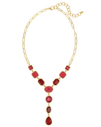 Ruby Radiance Y-Necklace displayed on white background – Dauplaise Jewelry