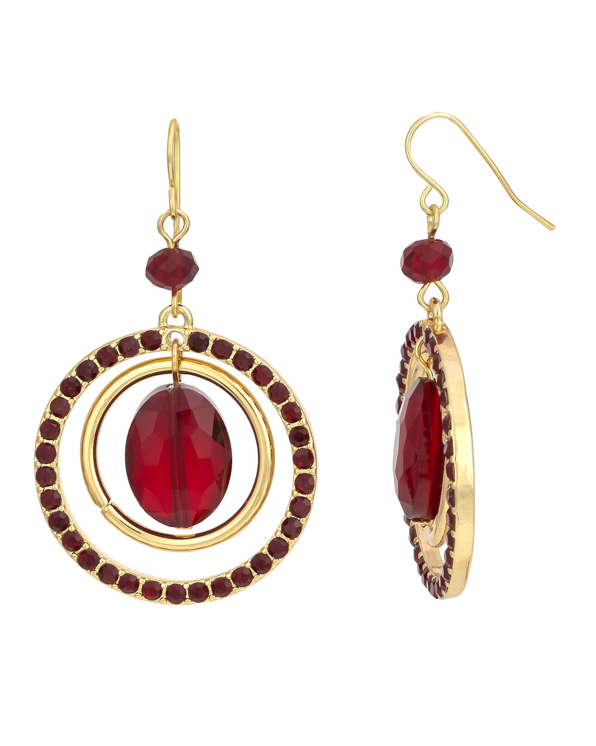 Crimson Sunburst Hoops displayed on white background – Dauplaise Jewelry