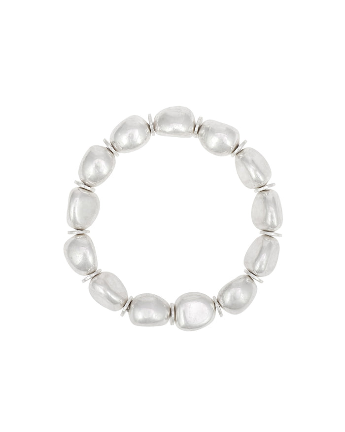 Silver-Tone Textured Bead Stretch Bracelet displayed on white background – Dauplaise Jewelry