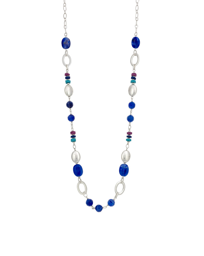 Multicolored Beaded Necklace with Silver-Tone Circles displayed on white background – Dauplaise Jewelry