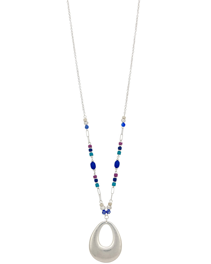 Long Beaded Necklace with Silver-Tone Pendant displayed on white background – Dauplaise Jewelry