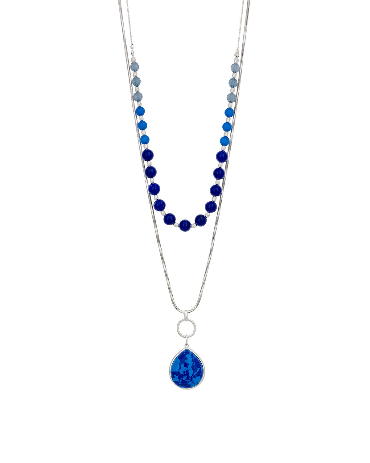 Layered Blue Beaded Necklace with Teardrop Pendant displayed on white background – Dauplaise Jewelry