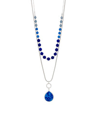 Layered Blue Beaded Necklace with Teardrop Pendant displayed on white background – Dauplaise Jewelry