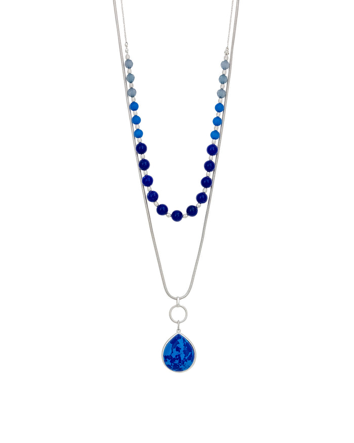 Layered Blue Beaded Necklace with Teardrop Pendant displayed on white background – Dauplaise Jewelry