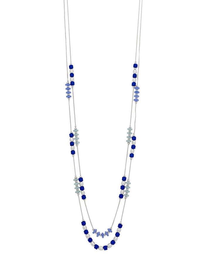 Layered Blue Beaded Necklace with Silver Accents displayed on white background – Dauplaise Jewelry