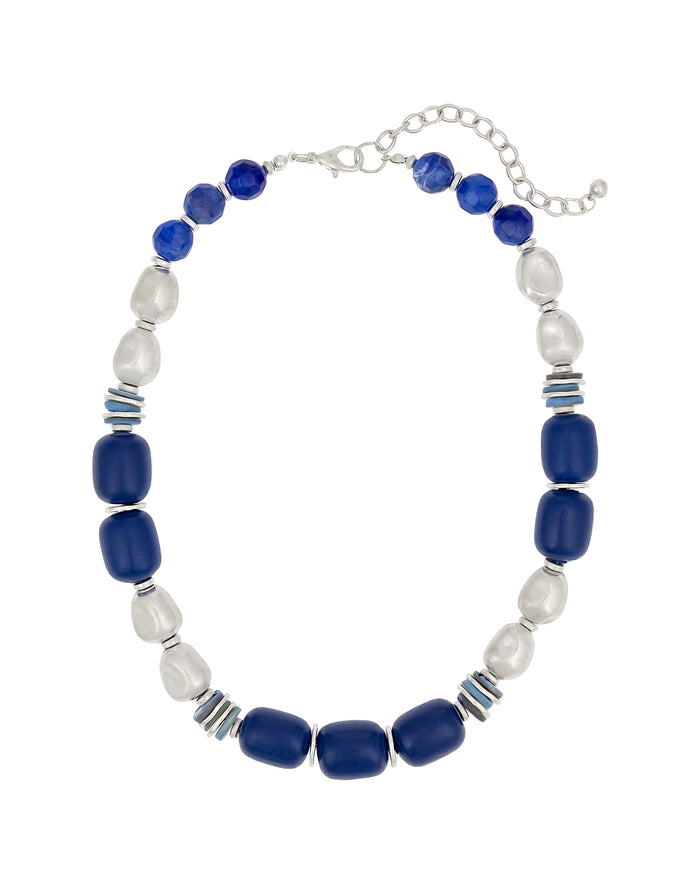 Blue Beaded Statement Necklace with Silver Accents displayed on white background – Dauplaise Jewelry