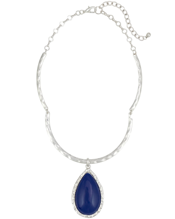 Textured Silver-Tone Necklace with Blue Stone Pendant displayed on white background – Dauplaise Jewelry