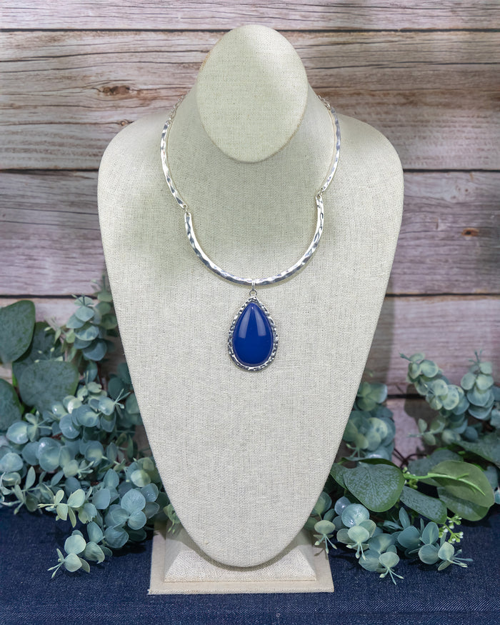 Textured Silver-Tone Necklace with Blue Stone Pendant