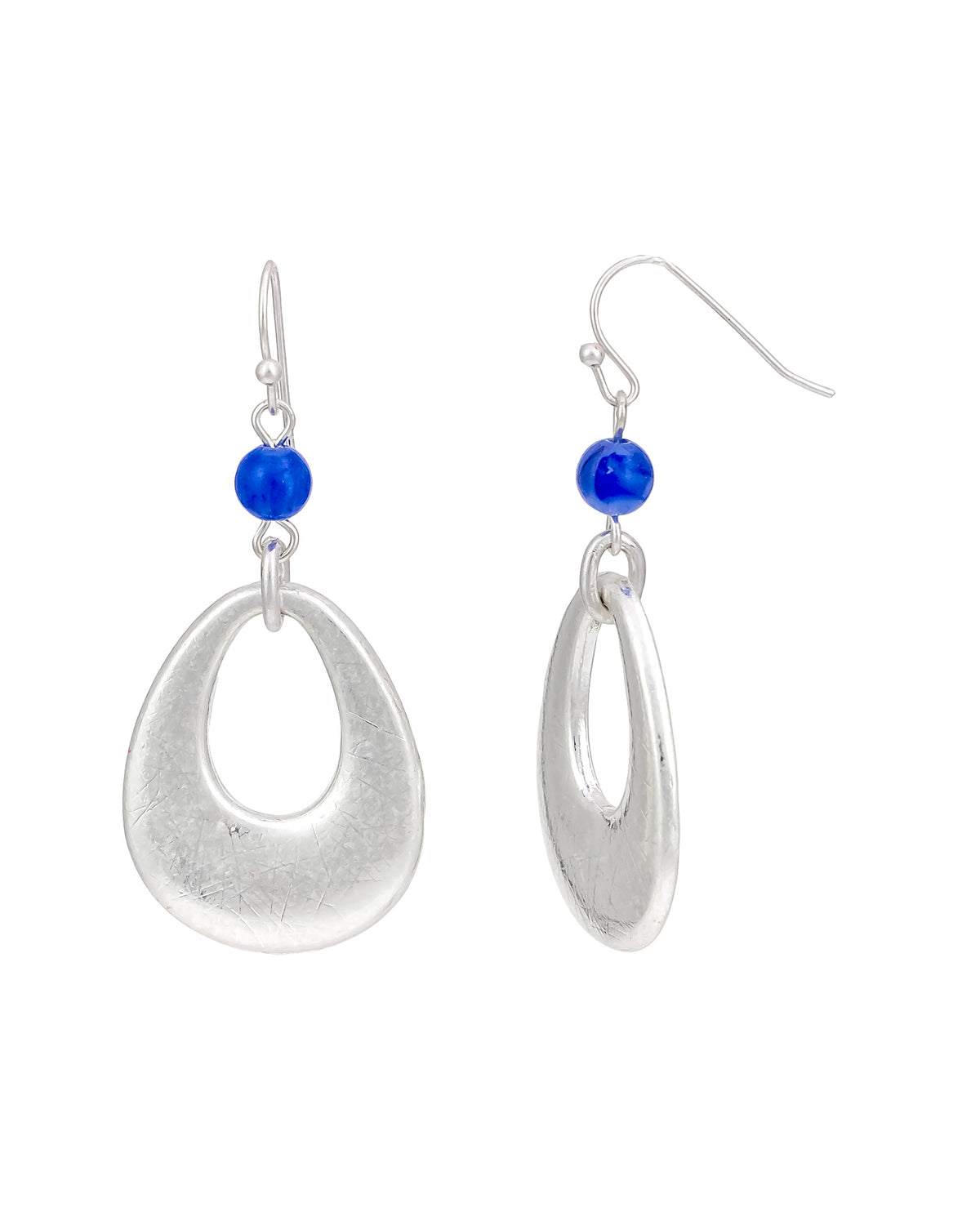 Silver-Tone Oval Drop Earrings with Blue Bead Accent displayed on white background – Dauplaise Jewelry