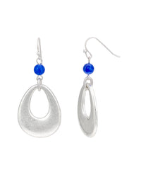 Silver-Tone Oval Drop Earrings with Blue Bead Accent displayed on white background – Dauplaise Jewelry