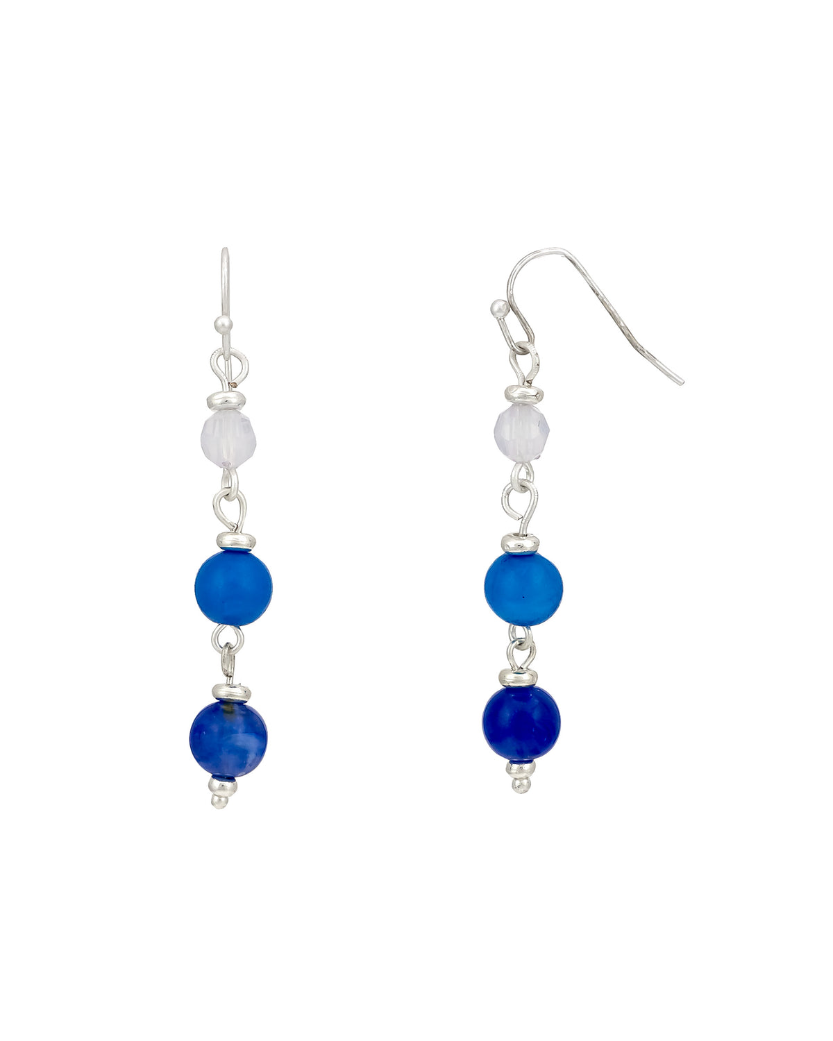 Blue and White Beaded Drop Earrings displayed on white background – Dauplaise Jewelry