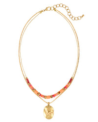 Layered Beaded Necklace with Gold Pendant displayed on white background – Dauplaise Jewelry