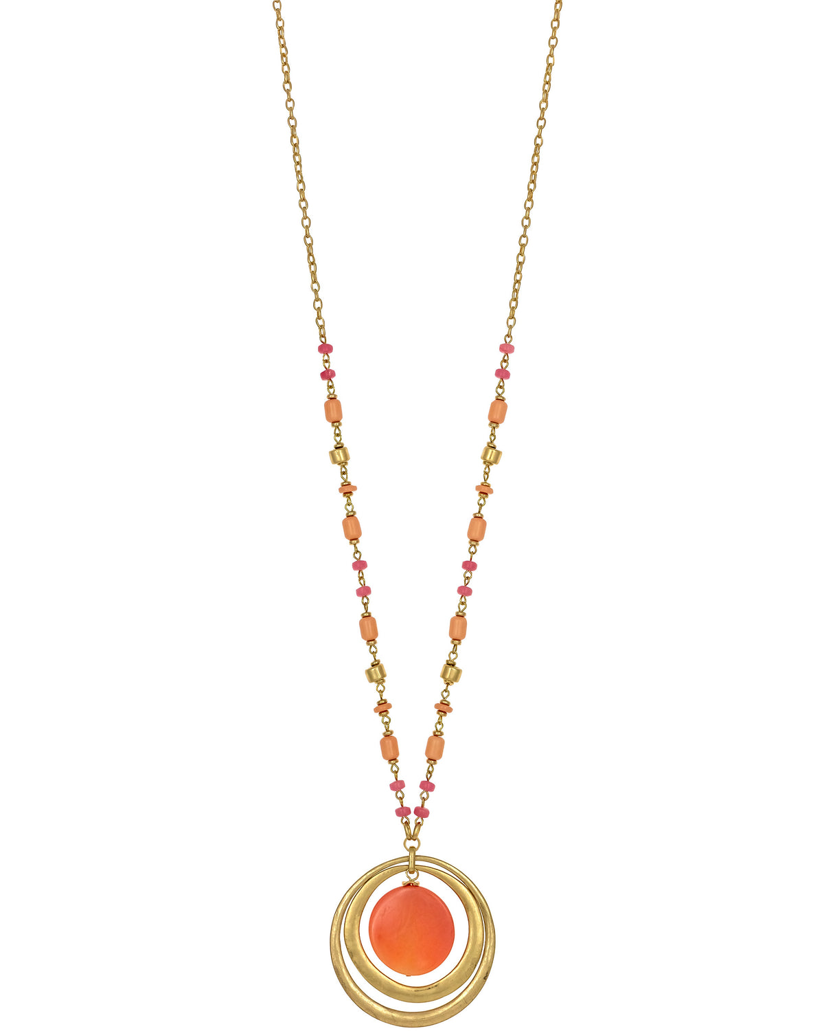 Long Beaded Necklace with Double Circle Pendant displayed on white background – Dauplaise Jewelry