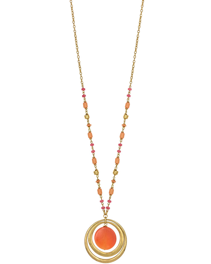 Long Beaded Necklace with Double Circle Pendant displayed on white background – Dauplaise Jewelry