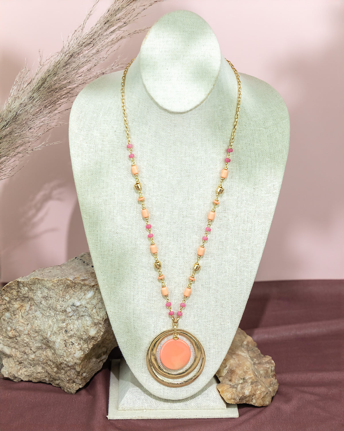 Long Beaded Necklace with Double Circle Pendant