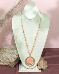 Long Beaded Necklace with Double Circle Pendant