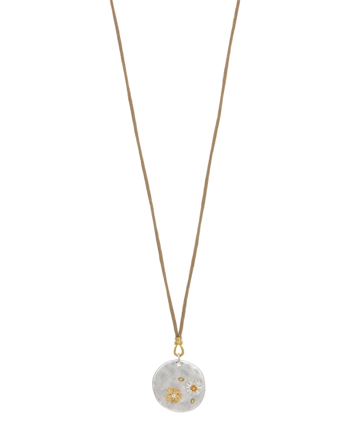 Daisy Disc Pendant Necklace displayed on white background – Dauplaise Jewelry