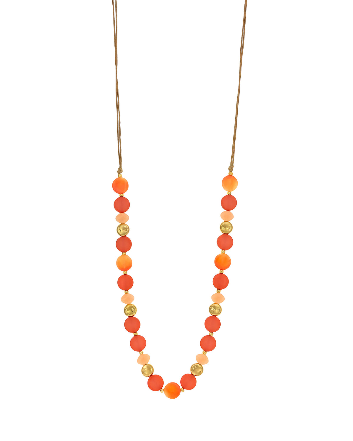 Coral and Peach Beaded Necklace displayed on white background – Dauplaise Jewelry