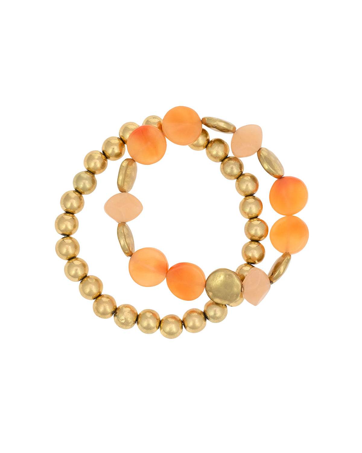 Gold Beaded Bracelet Set with coral Accents displayed on white background – Dauplaise Jewelry