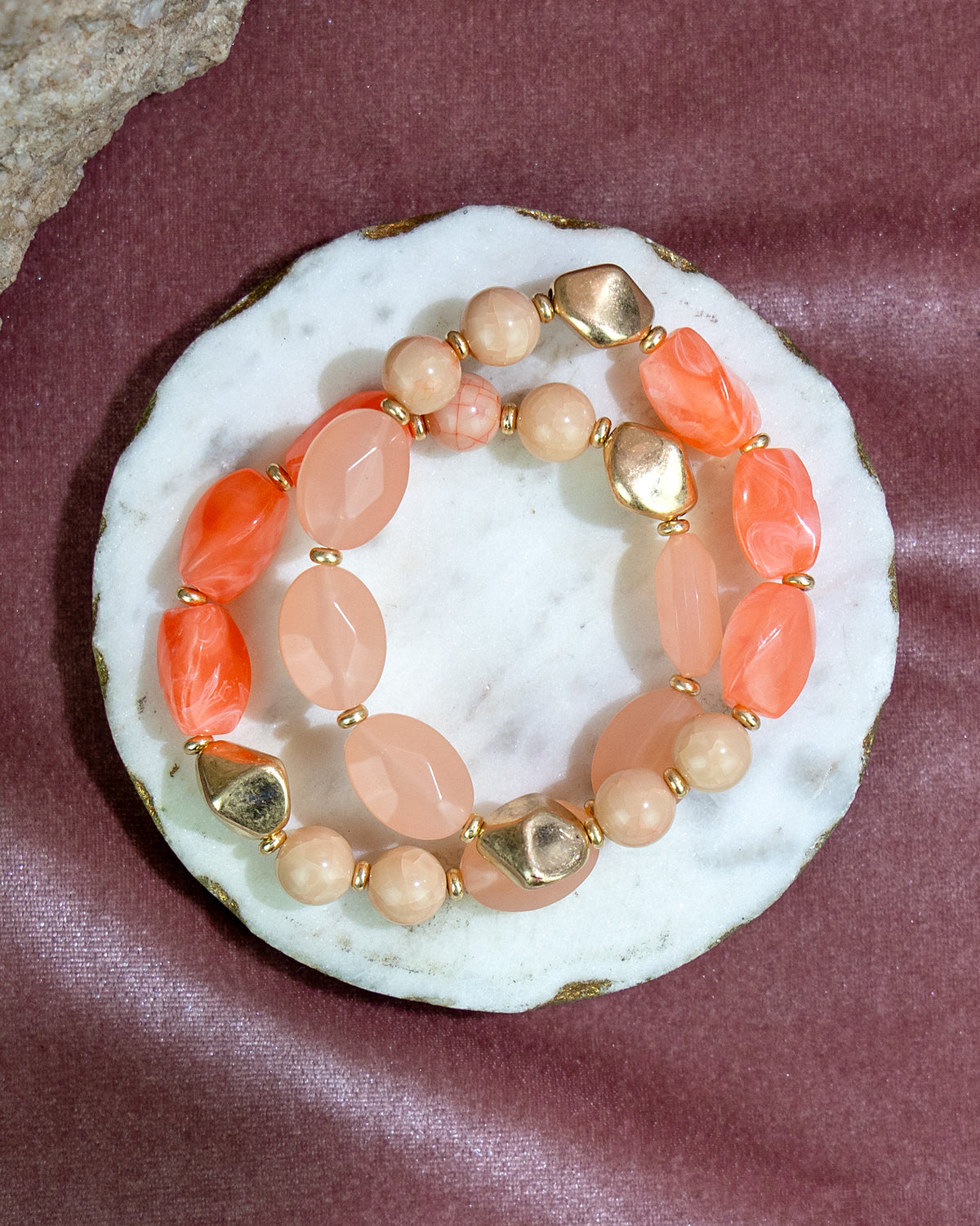 Coral Stone Beaded Bracelet Set