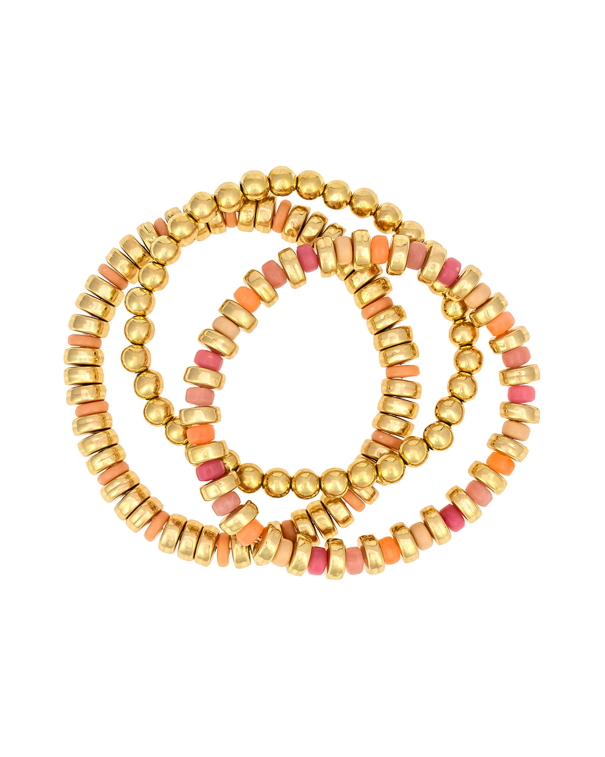 Gold Beaded Bracelet Set with Coral Accents displayed on white background – Dauplaise Jewelry