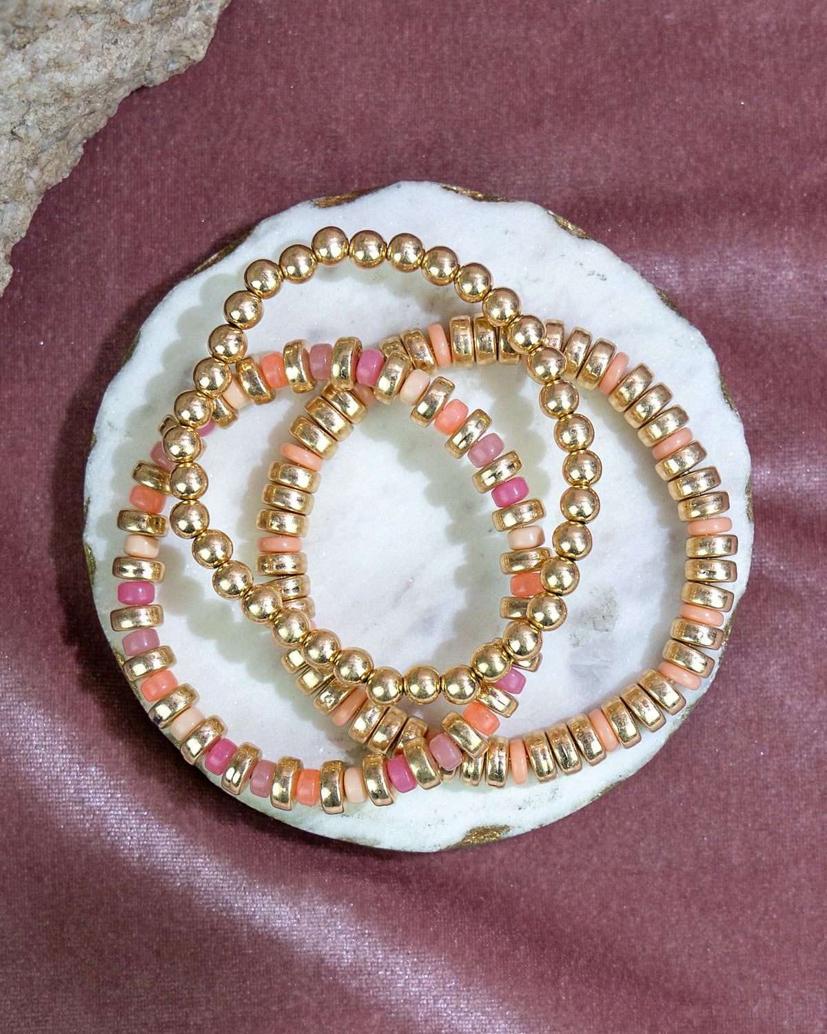 Gold Beaded Bracelet Set with Coral Accents