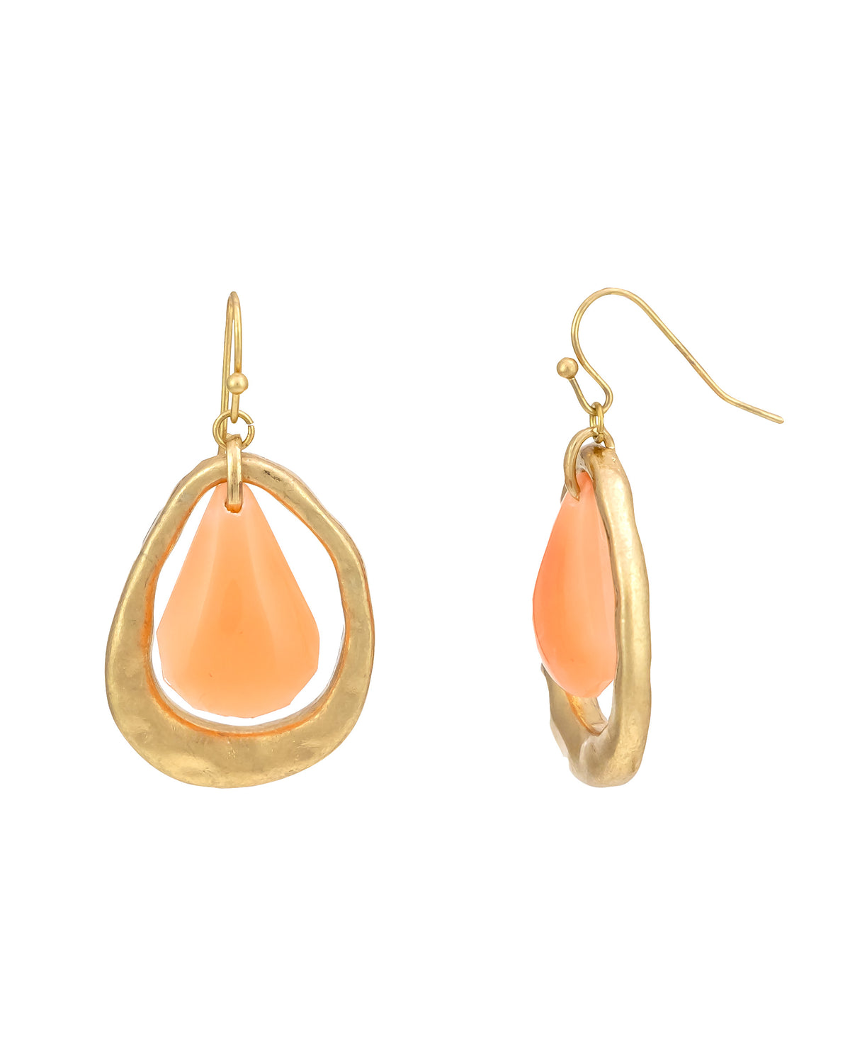 Gold Teardrop Earrings with coral Stone Accent displayed on white background – Dauplaise Jewelry