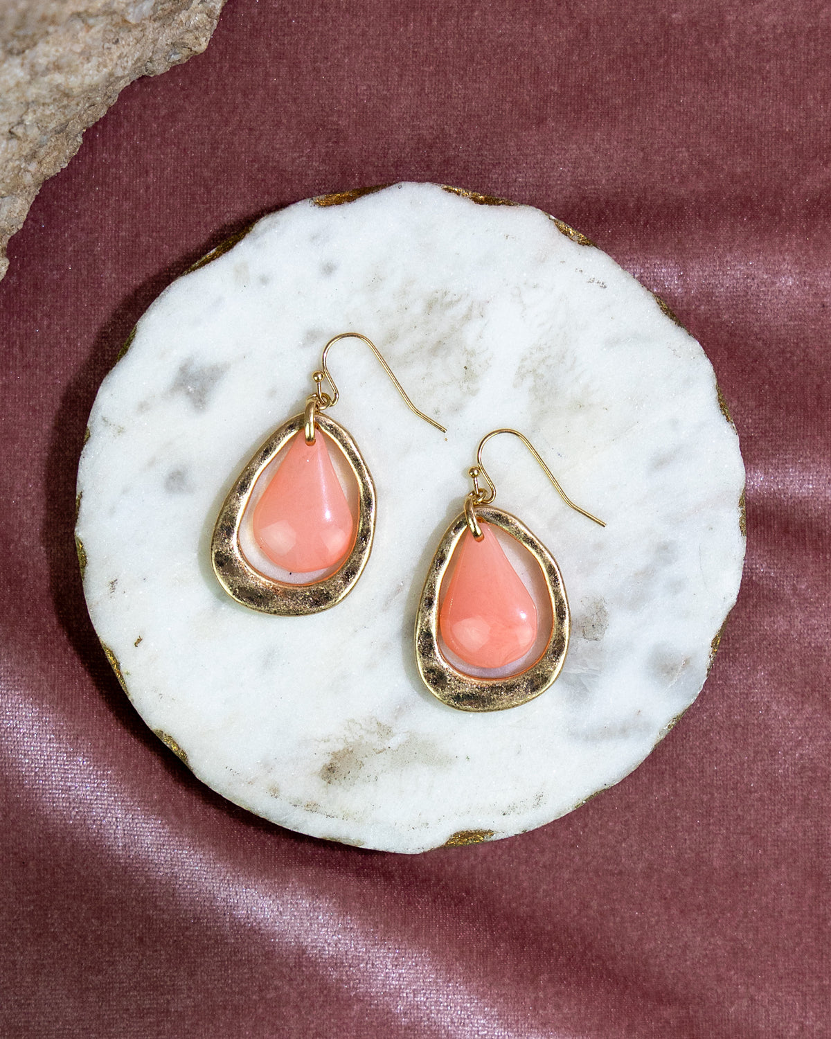 Gold Teardrop Earrings with Coral Stone Accent