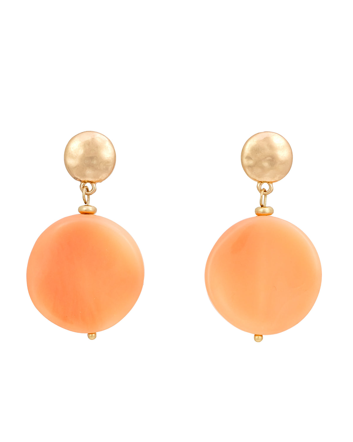 Gold Disc Stud Earrings with coral Stone Accents displayed on white background – Dauplaise Jewelry