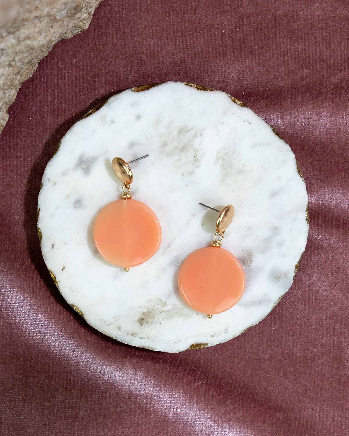 Gold Disc Stud Earrings with coral Stone Accents