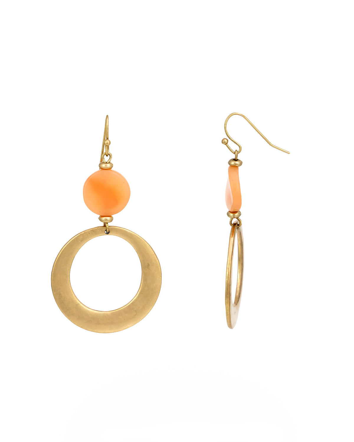 Gold Hoop Earrings with coral Stone Accent displayed on white background – Dauplaise Jewelry
